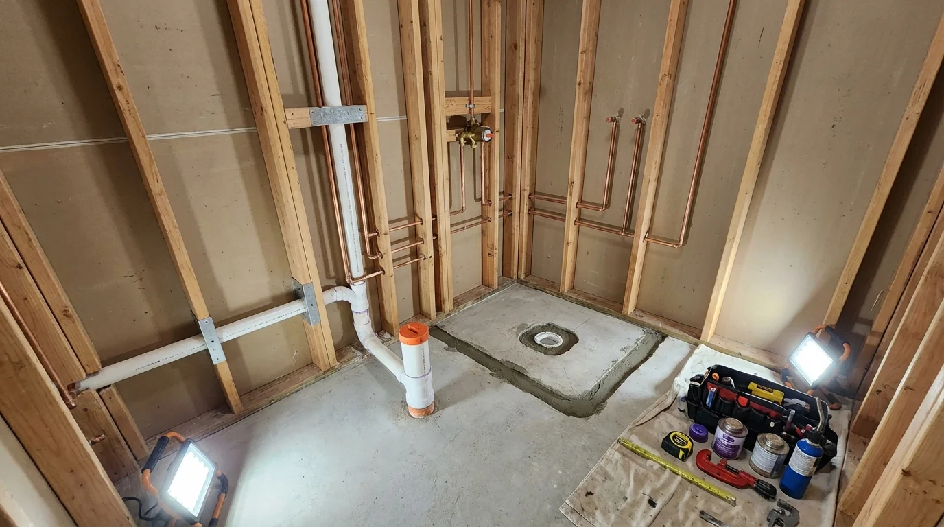 Bathroom rough-in plumbing during remodel by Johns Plumbing LLC in Belmont