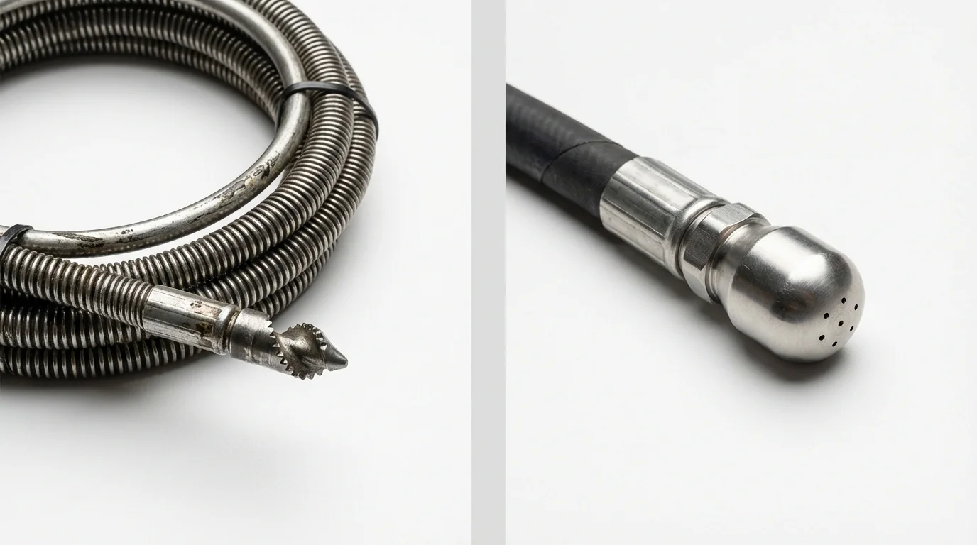 Drain snake cable and hydro jetting nozzle used for drain cleaning in Belmont, MS