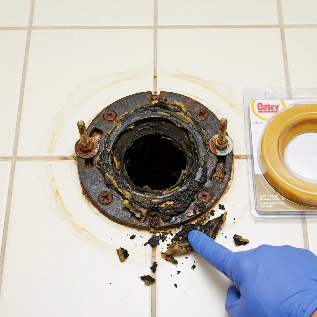 Failed wax ring showing water seepage at the base of a toilet in a Belmont, MS home