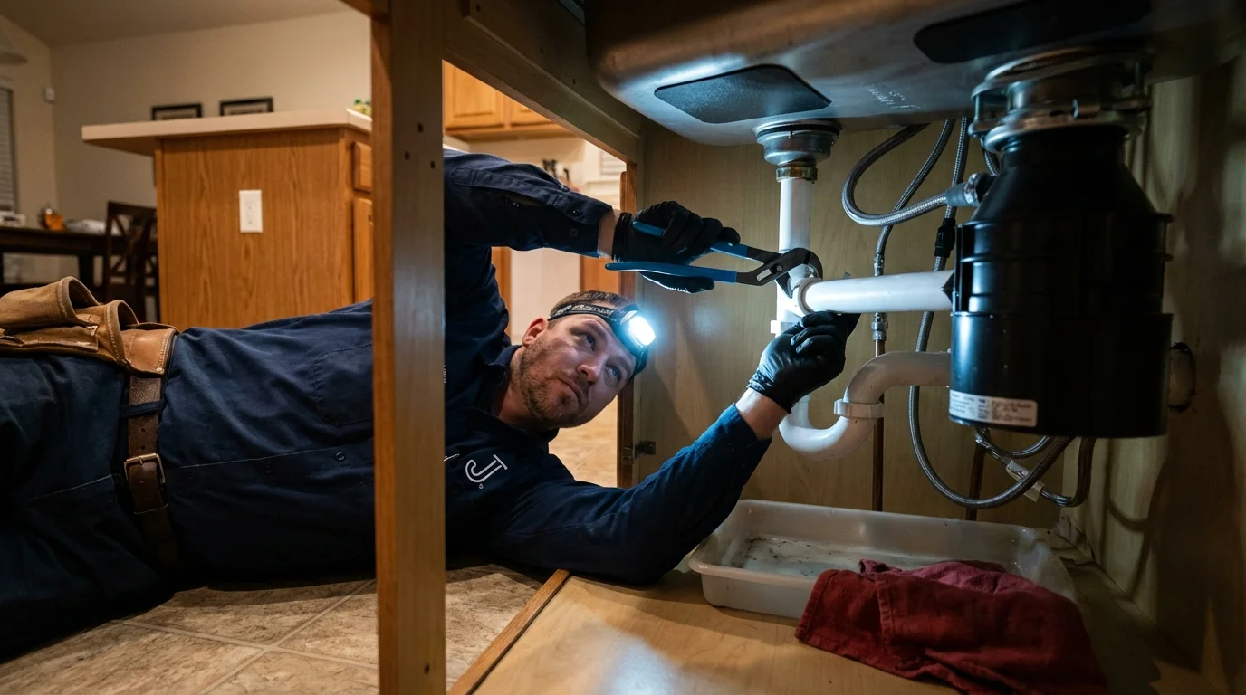 P-trap and supply line connections under a kitchen sink showing a common leak point in Belmont, MS